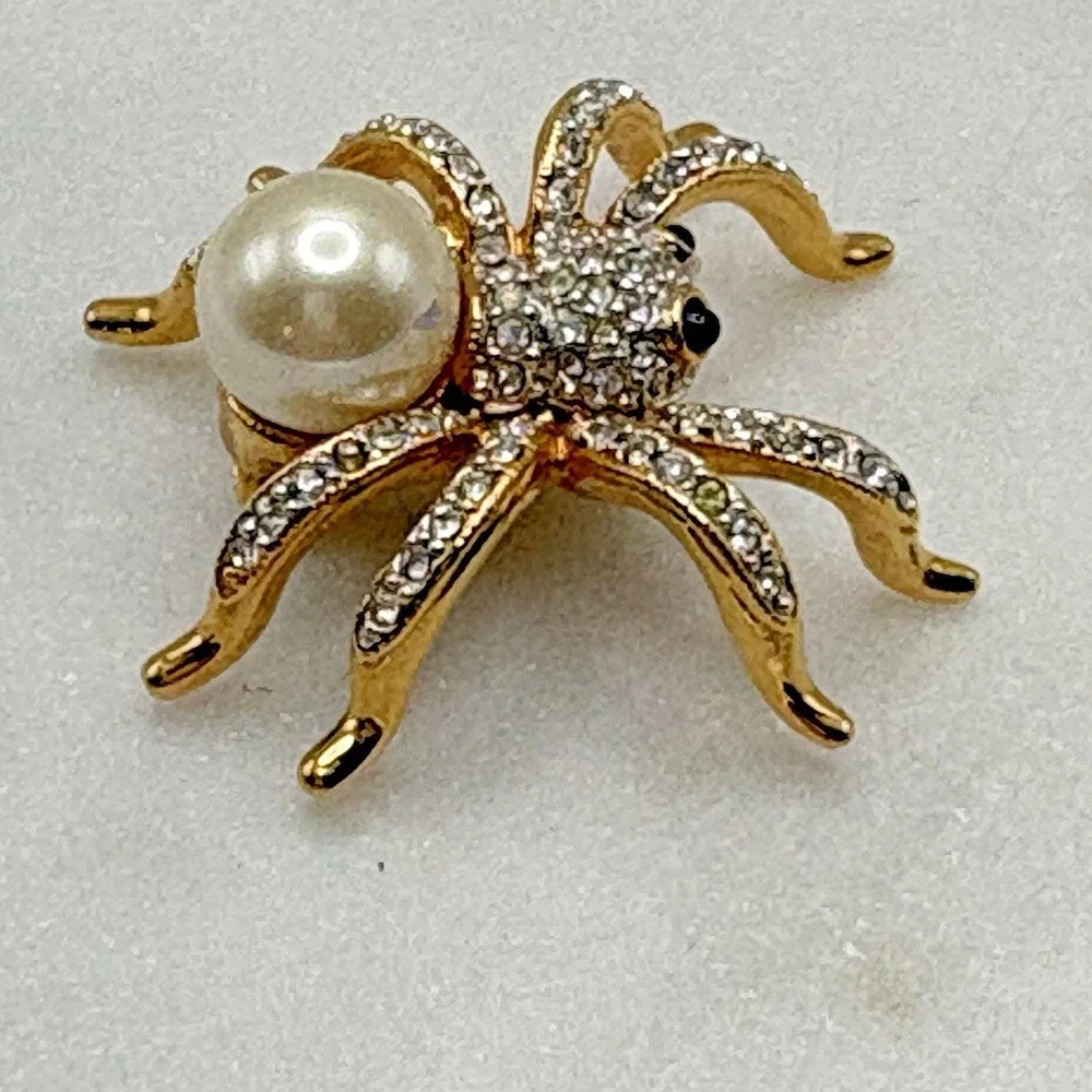 Vintage Swarovski Spider Brooch Pin Gold Tone Faux Pearl 22K Gold Plated
